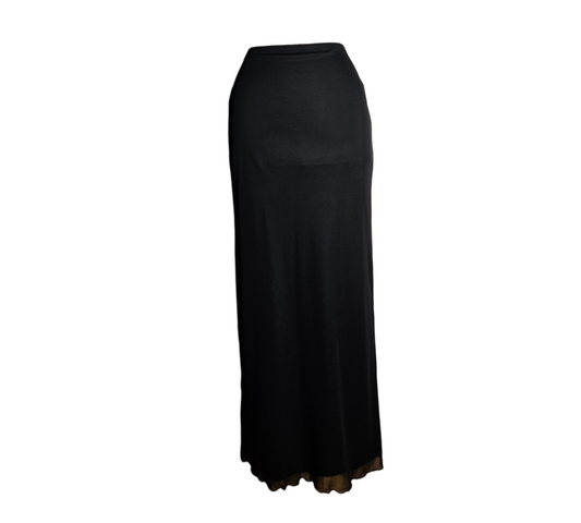 A minimalist and sleek black maxi skirt with a delicate lettuce-edge hem, perfect for a versatile whimsigoth or chic reverie aesthetic.