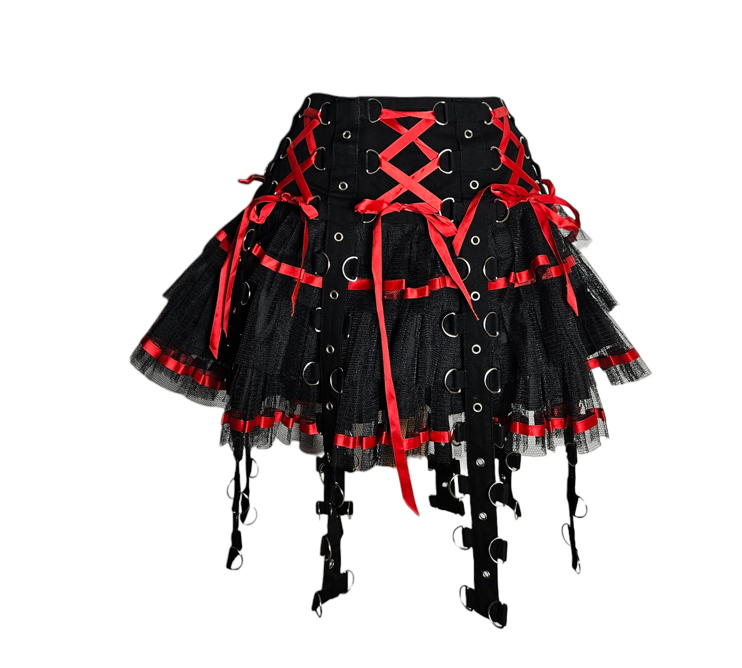 Black corset-style mini skirt with red lace-up details, layered tulle and metal hardware, gothic y2k punk aesthetic, dramatic and bold silhouette by Lucid Dream 2007