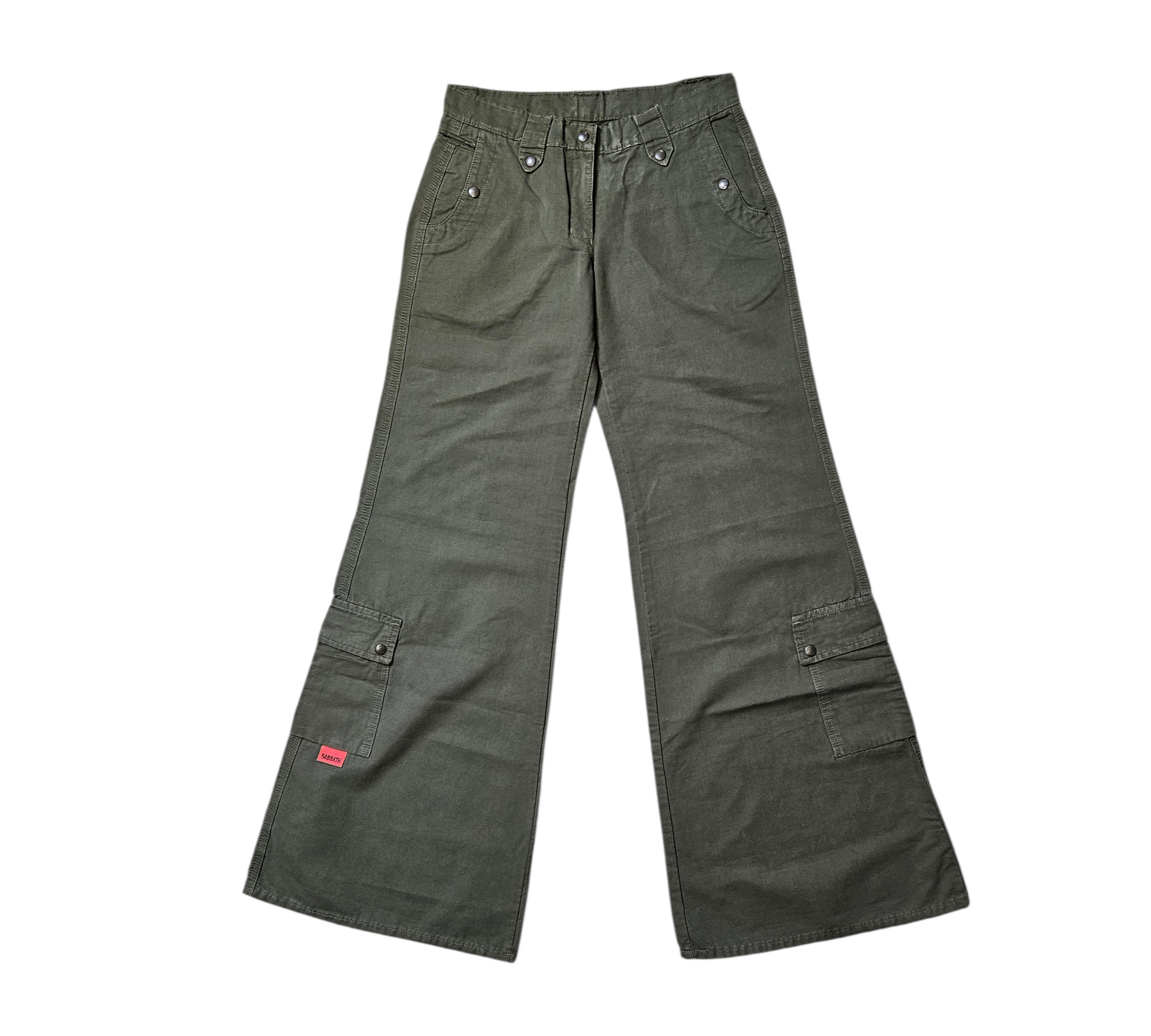 Vintage-inspired khaki green corduroy wide-leg cargo pants with a high-waisted fit and utility pockets, perfect for a rugged earthcore or 90s skater girl aesthetic.