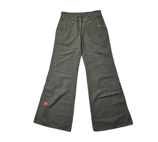 Vintage-inspired khaki green corduroy wide-leg cargo pants with a high-waisted fit and utility pockets, perfect for a rugged earthcore or 90s skater girl aesthetic.
