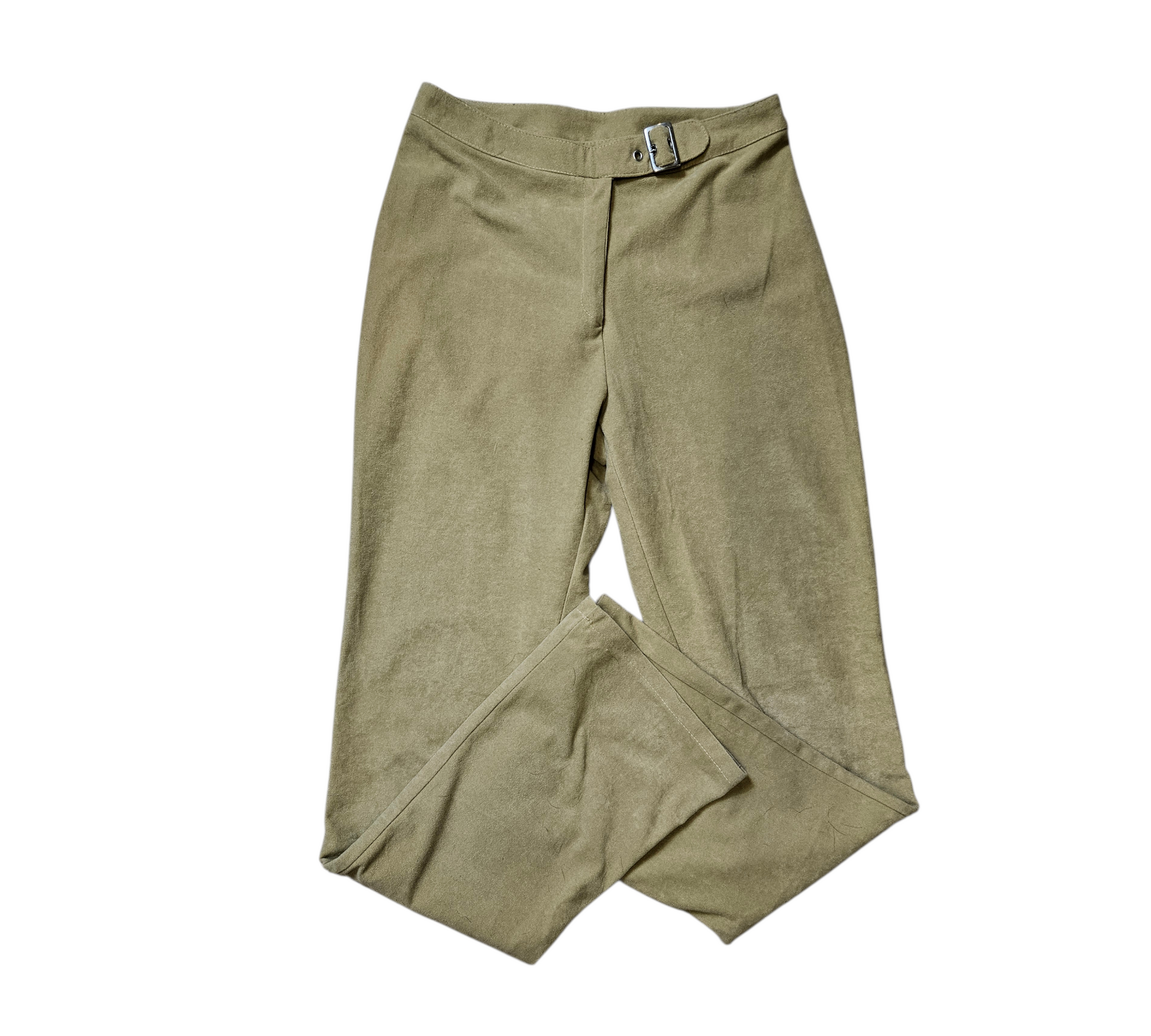 Minimalist khaki flare trousers with a high-waist fit and an edgy side buckle detail, perfect for a chic earthcore or whimsigoth everyday look.