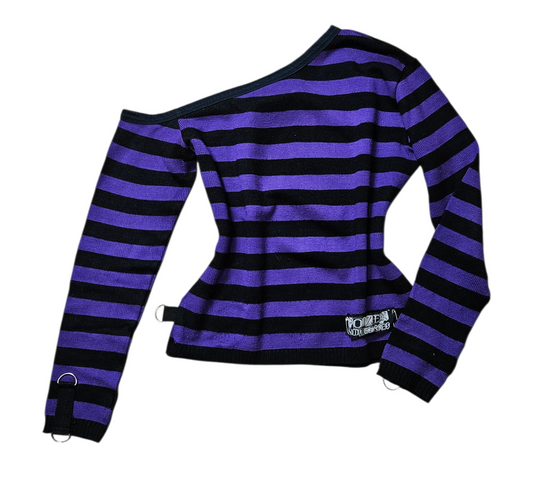Pull rayé off shoulder violet et noir