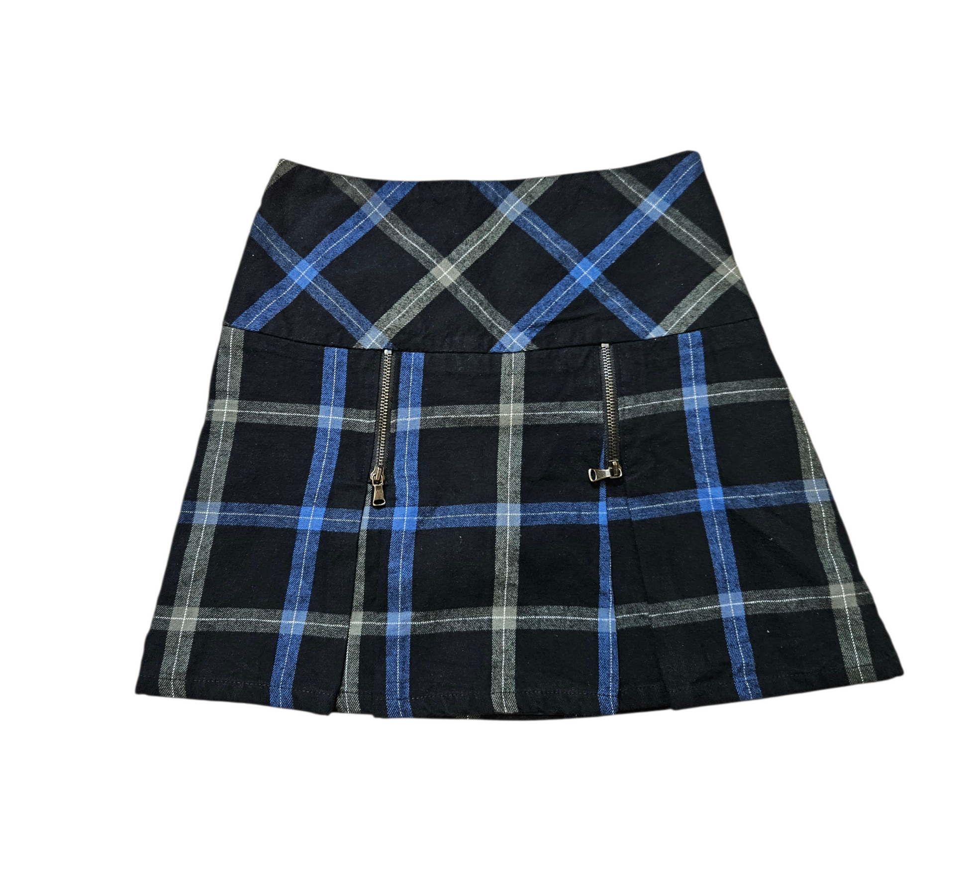 A Y2K style mini skirt with a blue and black plaid pattern, featuring decorative silver zippers and a pleated hem for a grunge-inspired aesthetic.