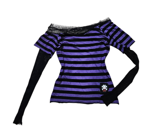 Vintage purple and black striped top with mesh long sleeves and neckline, Y2K fairycore and whimsigoth aesthetic with gothic edge.