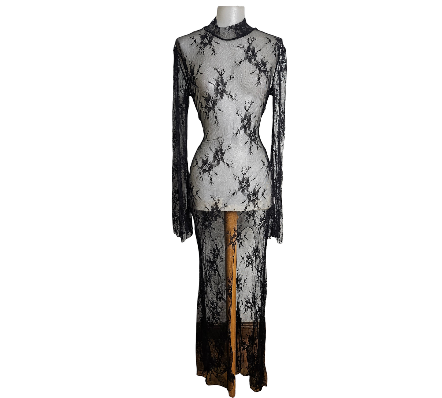 Sheer black lace long sleeve maxi dress with open back and high neck, gothic y2k vibe, by Lucid Dream 2007