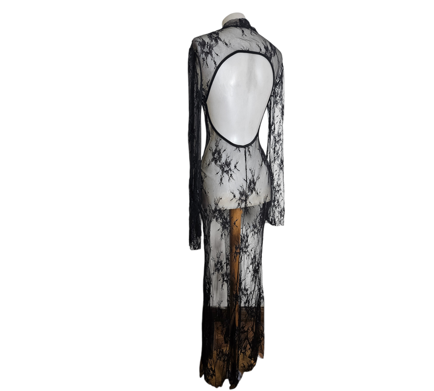 Sheer black lace long sleeve maxi dress with open back and high neck, gothic y2k vibe, by Lucid Dream 2007