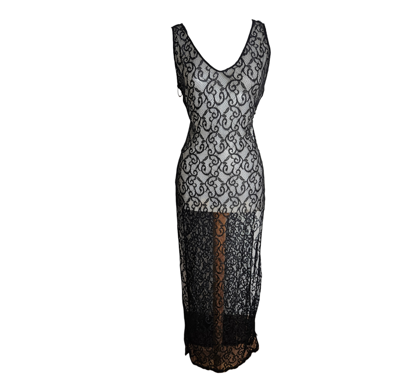 An ethereal whimsigoth long dress in sheer black lace, featuring dramatic side slits held by golden rings for a bold, dark-fairycore evening aesthetic.