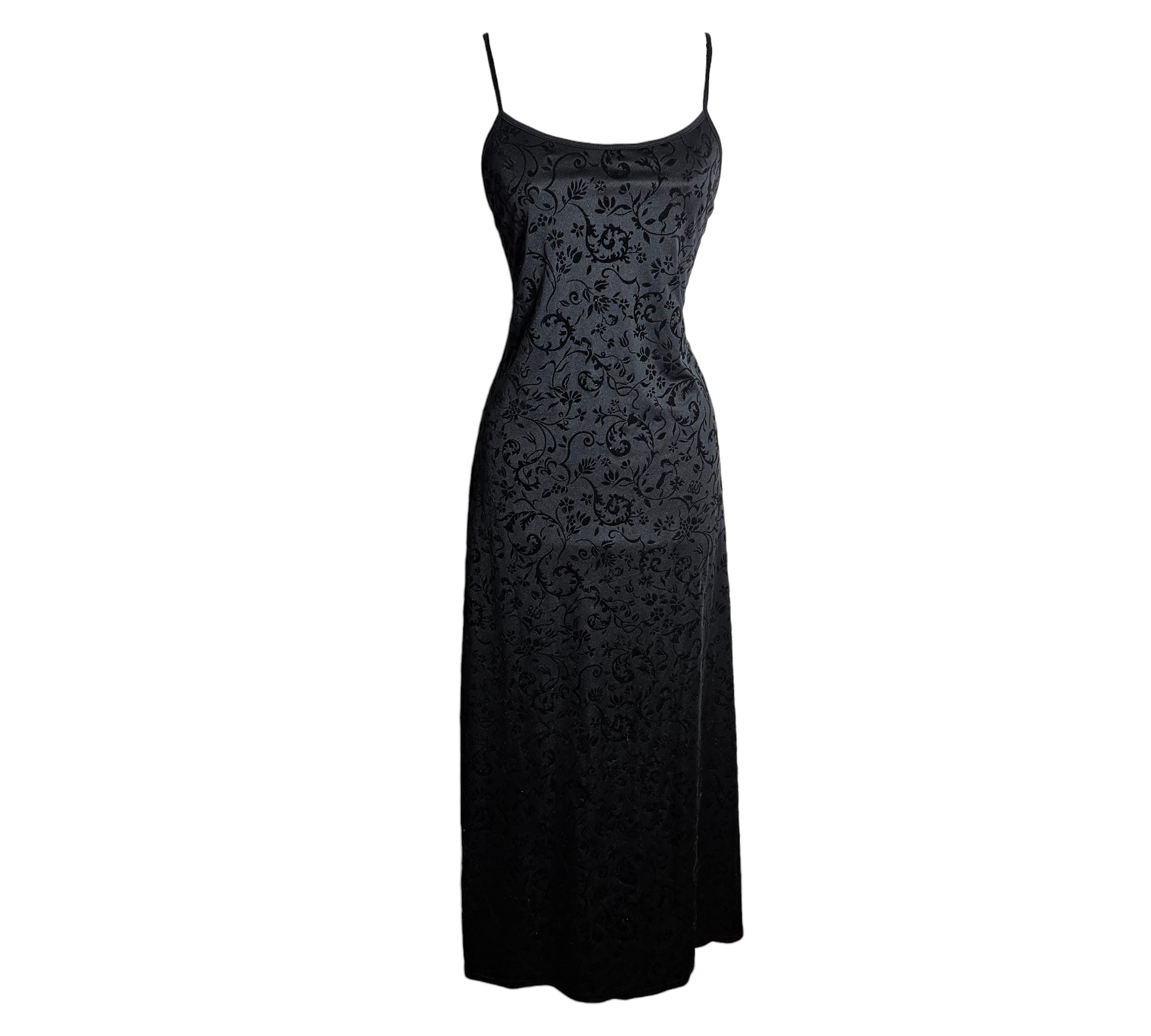 Black vintage satin slip dress with тонal floral baroque pattern, spaghetti straps and long fitted silhouette, elegant Y2K goth glam vibe, by Lucid Dream 2007