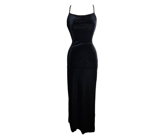 Black maxi dress with crisscross back and waist cut-out, sleek bodycon silhouette, dark Y2K evening vibe with a velvet-like sheen, whimsigoth allure.