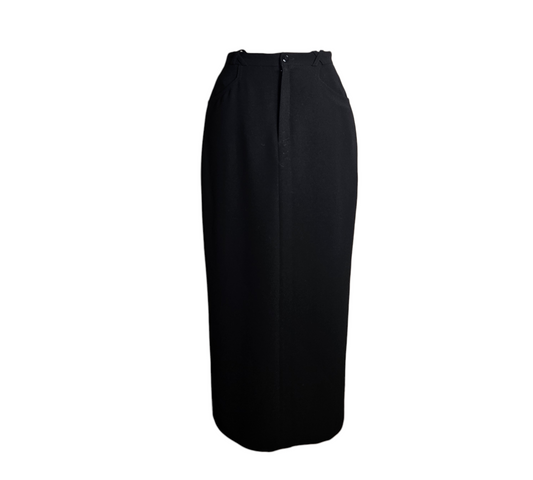 Vintage black long skirt with high waist and straight cut, minimalist silhouette, timeless dark aesthetic.