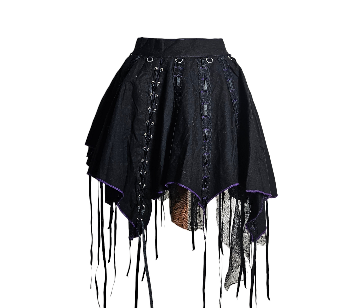 Vintage black gothic mini skirt with asymmetrical hem, purple stitching, lace-up details, metal rings and sheer tulle layers by Lucid Dream 2007