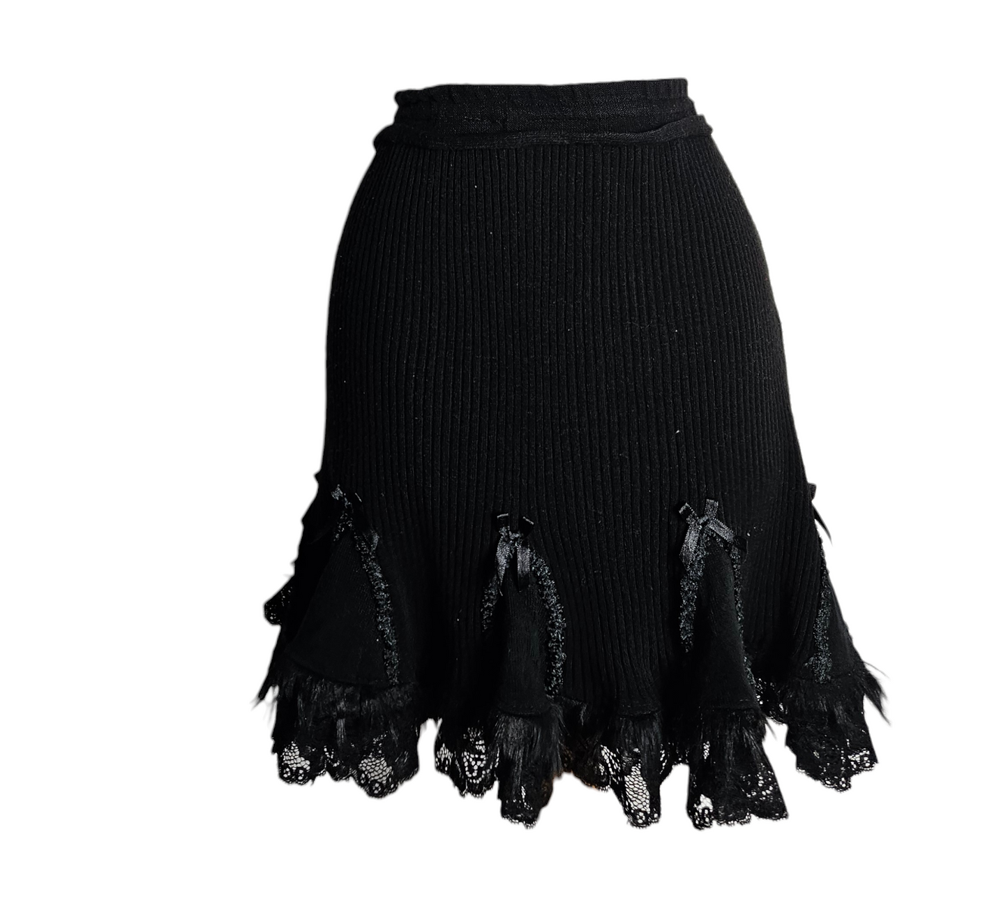 Vintage black ribbed mini skirt with lace and textured trim, dark fairycore and whimsigoth Y2K aesthetic with gothic romantic details.