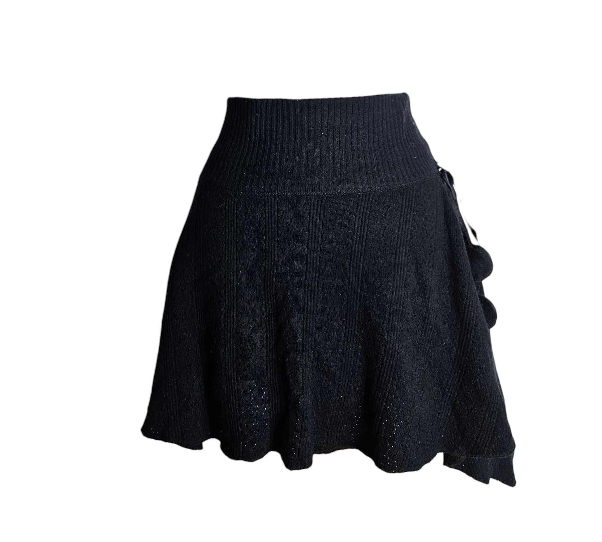 Vintage black ribbed knit mini skirt with flared silhouette and high waist, minimalist Y2K fairycore style by Lucid Dream 2007