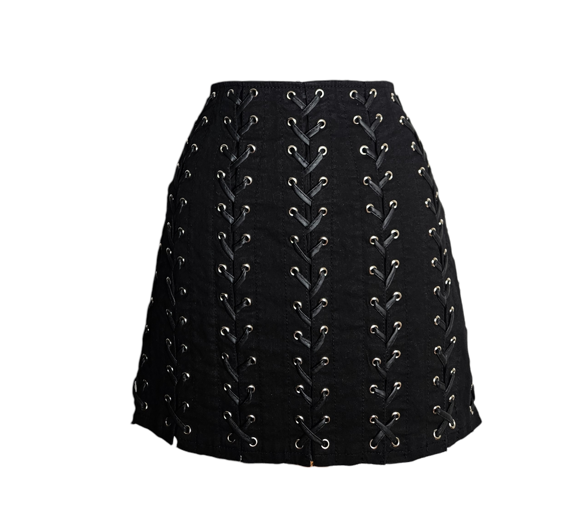 Black vintage Tripp NYC lace-up mini skirt with metal eyelets, gothic punk Y2K style, rare alternative fashion piece