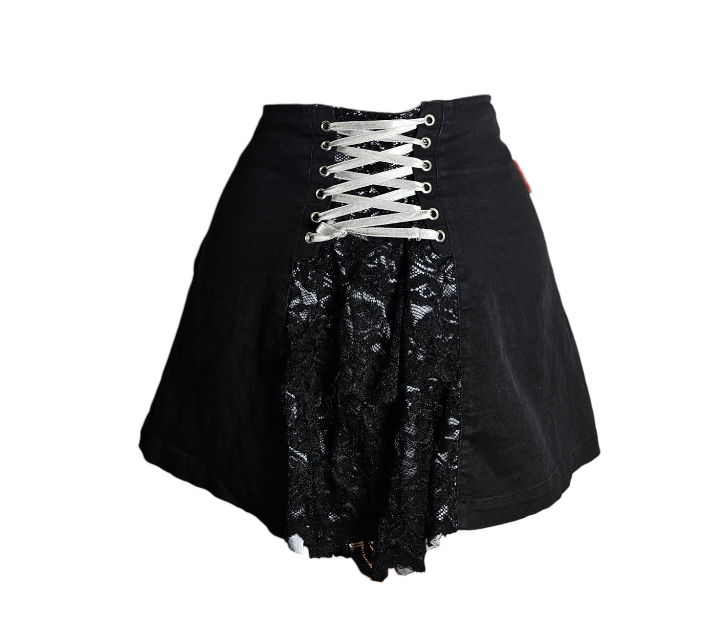 Black vintage lace-up mini skirt with lace panel, Living Dead Souls gothic Y2K style, rare alternative fashion piece