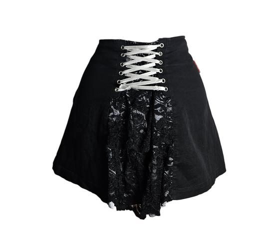 Black vintage lace-up mini skirt with lace panel, Living Dead Souls gothic Y2K style, rare alternative fashion piece
