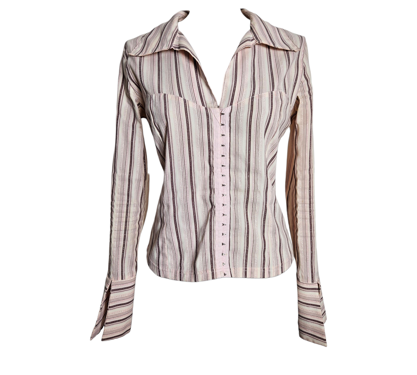 A chic Y2K aesthetic long-sleeve blouse with earth-toned brown and pink stripes. It features a unique corset-style front hook-and-eye closure and structured seams for a perfect cottagecore reverie silhouette.