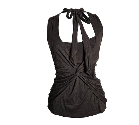 Vintage dark brown halter top with neck tie bow, ruched wrap-front draping and fitted stretchy silhouette, elegant Y2K evening style, by Lucid Dream 2007.