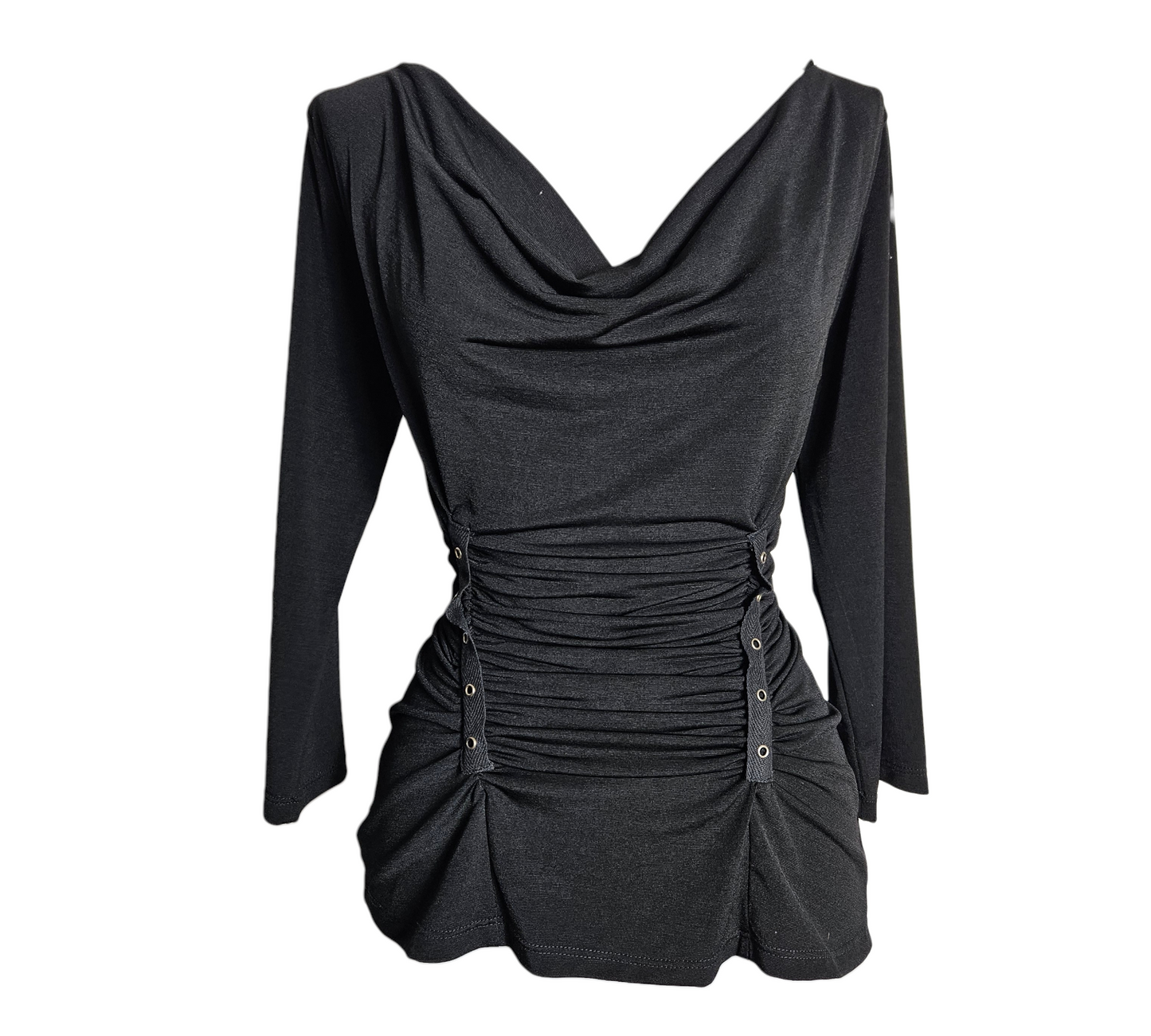 Vintage black draped top with ruched front and metal eyelet details, dark y2k gothic aesthetic by Lucid Dream 2007.
