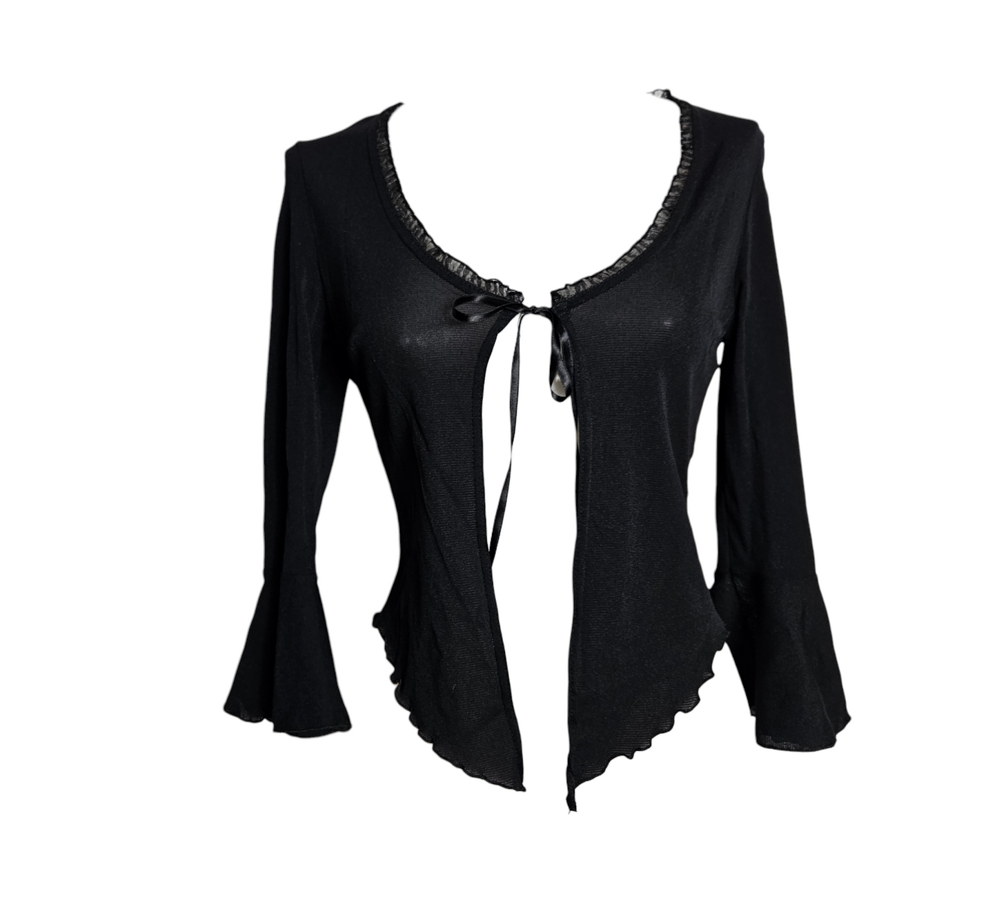 Vintage black tie-front cardigan with flared sleeves and ruffled neckline, sheer y2k fairycore aesthetic by Lucid Dream 2007.