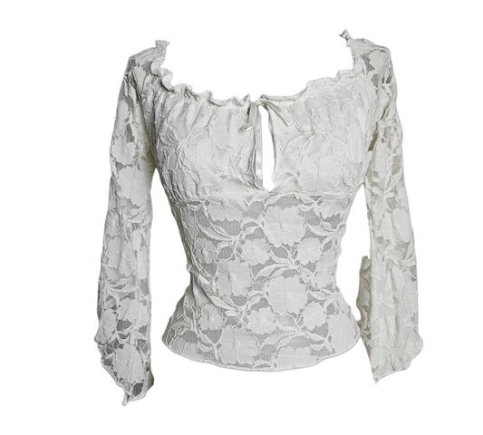 Vintage white lace long sleeve top with square neckline and tie detail, soft fairycore Y2K aesthetic with romantic, ethereal vibes.