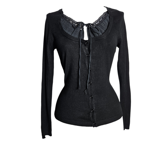 Vintage black fitted cardigan with lace neckline and tie detail, dark fairycore and whimsigoth Y2K aesthetic, romantic gothic layering piece