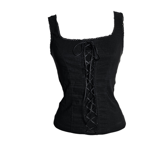 Vintage black corset-style top with square neckline, wide straps and front lace-up ribbon detail, fitted bodice with structured seams, by Lucid Dream 2007.
