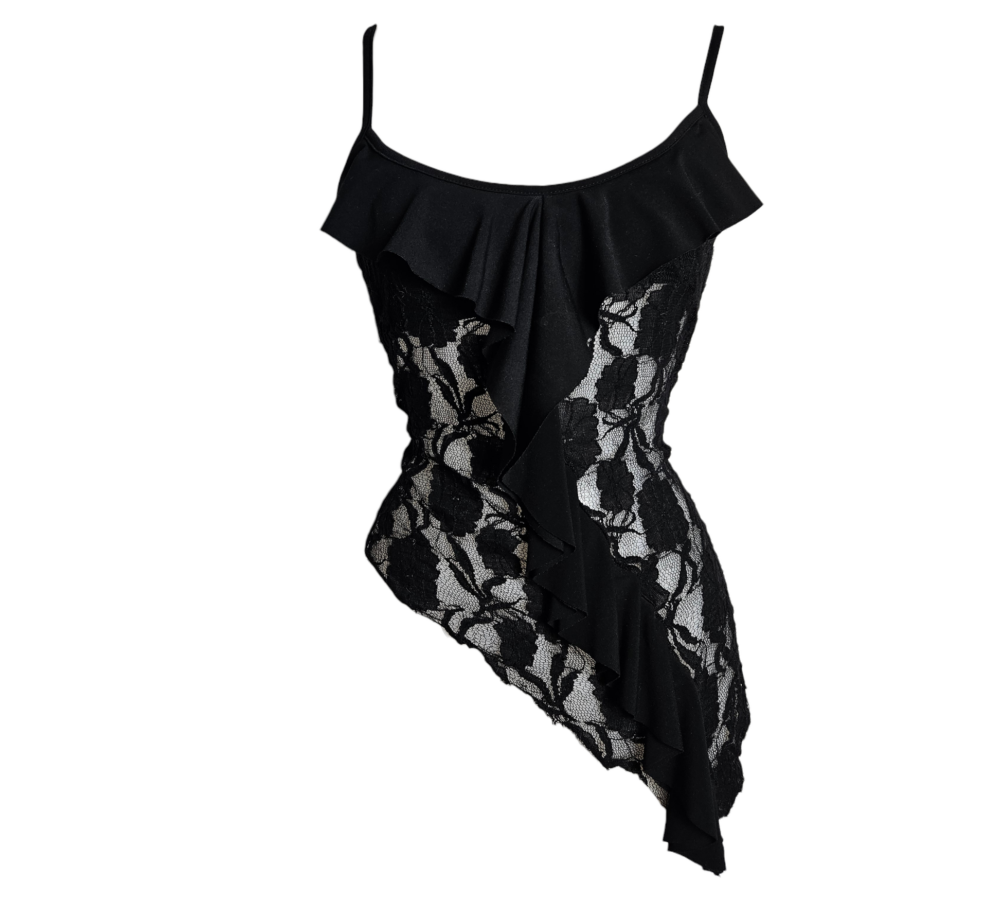 Vintage black lace camisole top with ruffled neckline and asymmetrical overlay, dark fairycore and whimsigoth Y2K aesthetic.