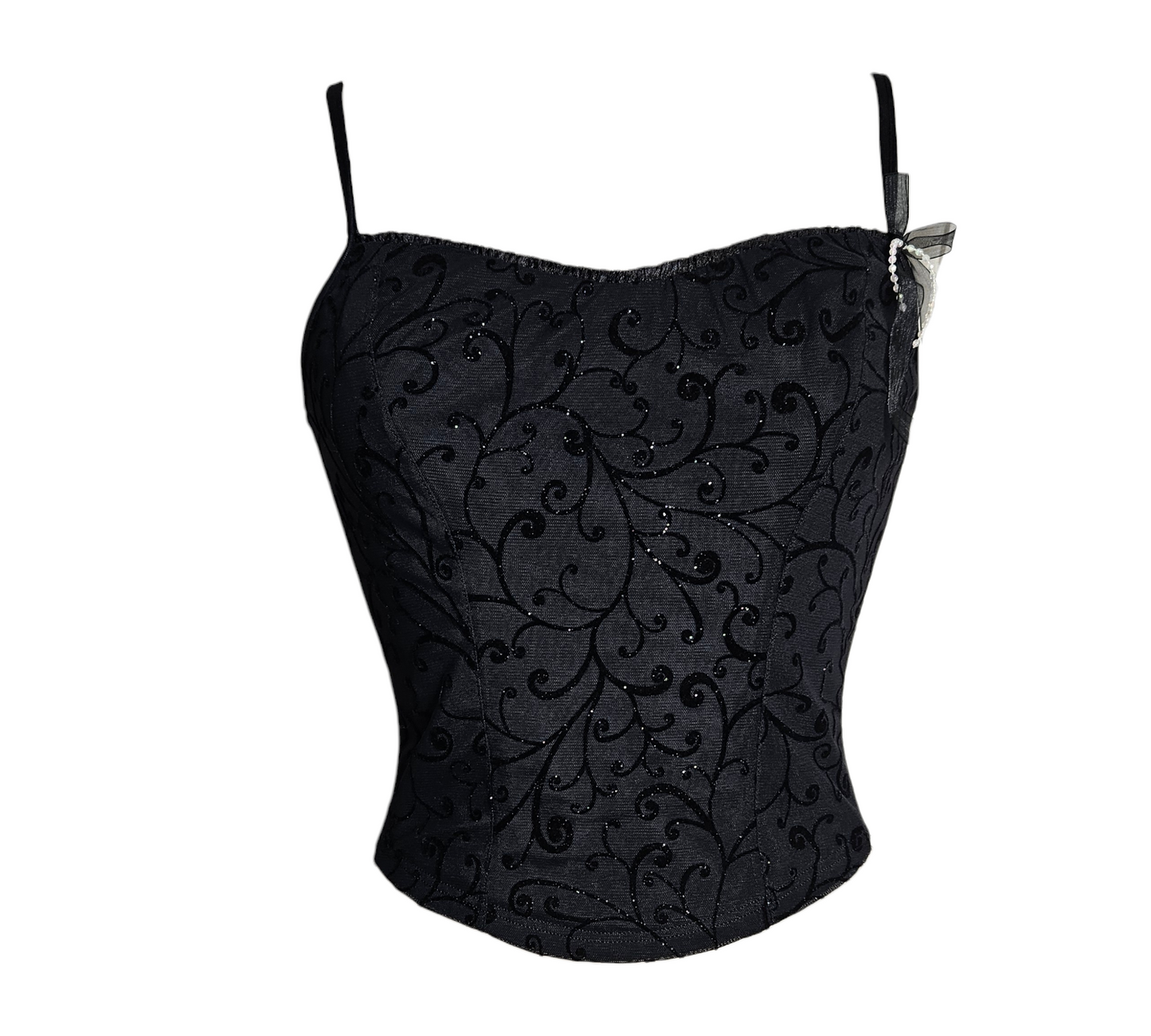 Black vintage corset top with spaghetti straps, subtle glitter swirl pattern and fitted bustier shape,