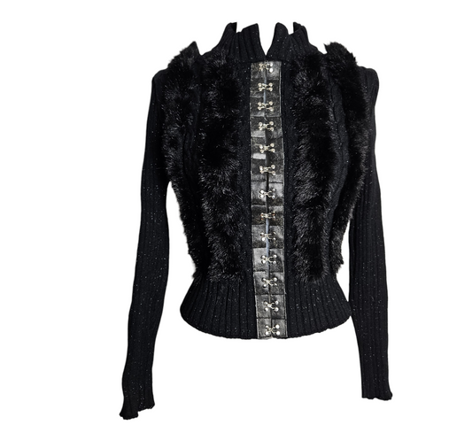 Black vintage Vox Populi jacket with faux fur panels, corset-style metal hooks and gothic y2k aesthetic, dark fairycore vibes by Lucid Dream 2007