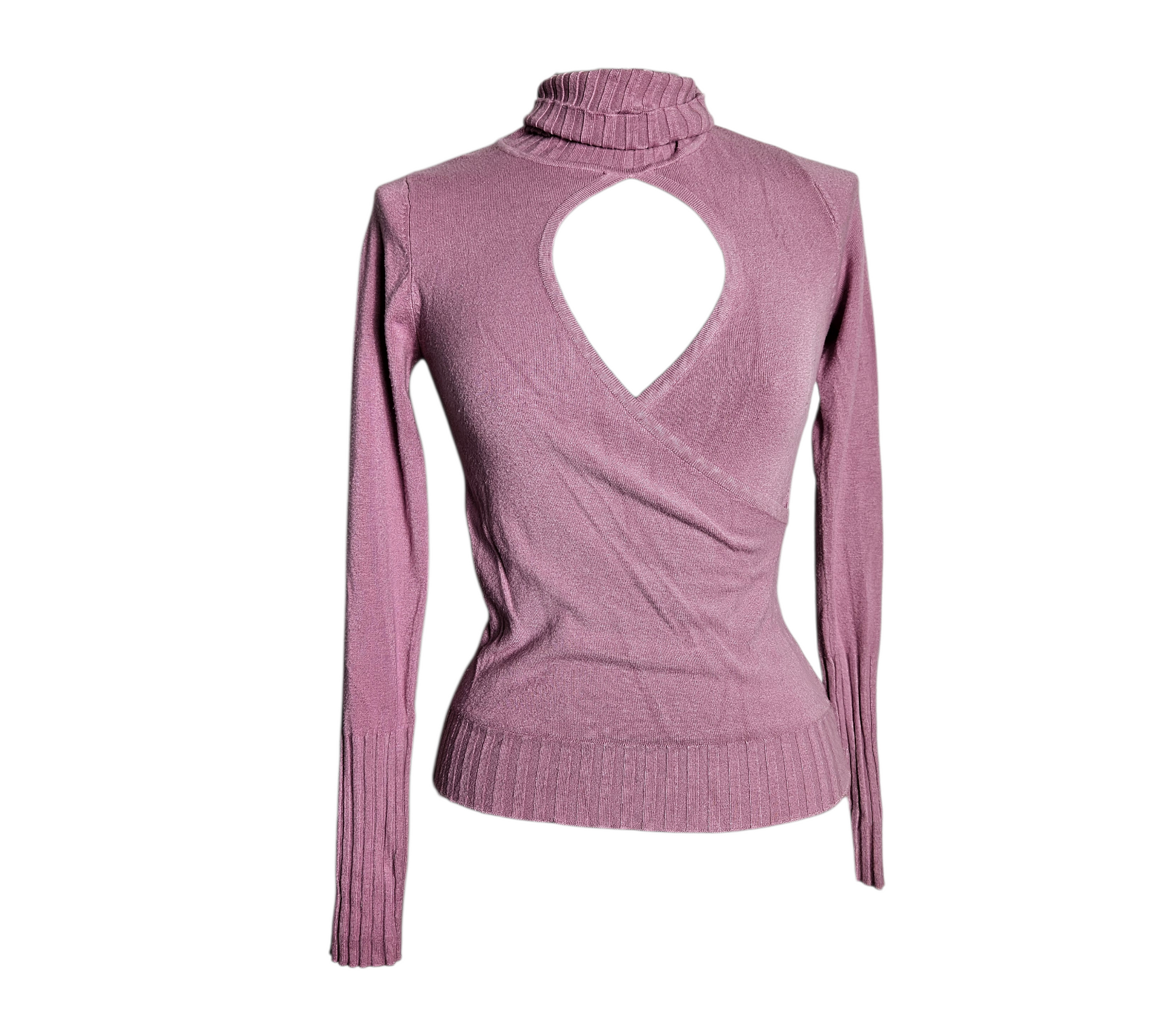 Vintage mauve wrap-effect knit top with high neck and teardrop cut-out, stretchy and flattering y2k coquette fairycore vibe by Lucid Dream 2007