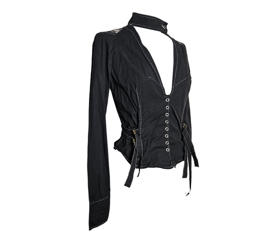 Black long-sleeve gothic top with deep V neckline, choker collar, lace yoke back detail, side ties and metal eyelet front closure, by Lucid Dream 2007.