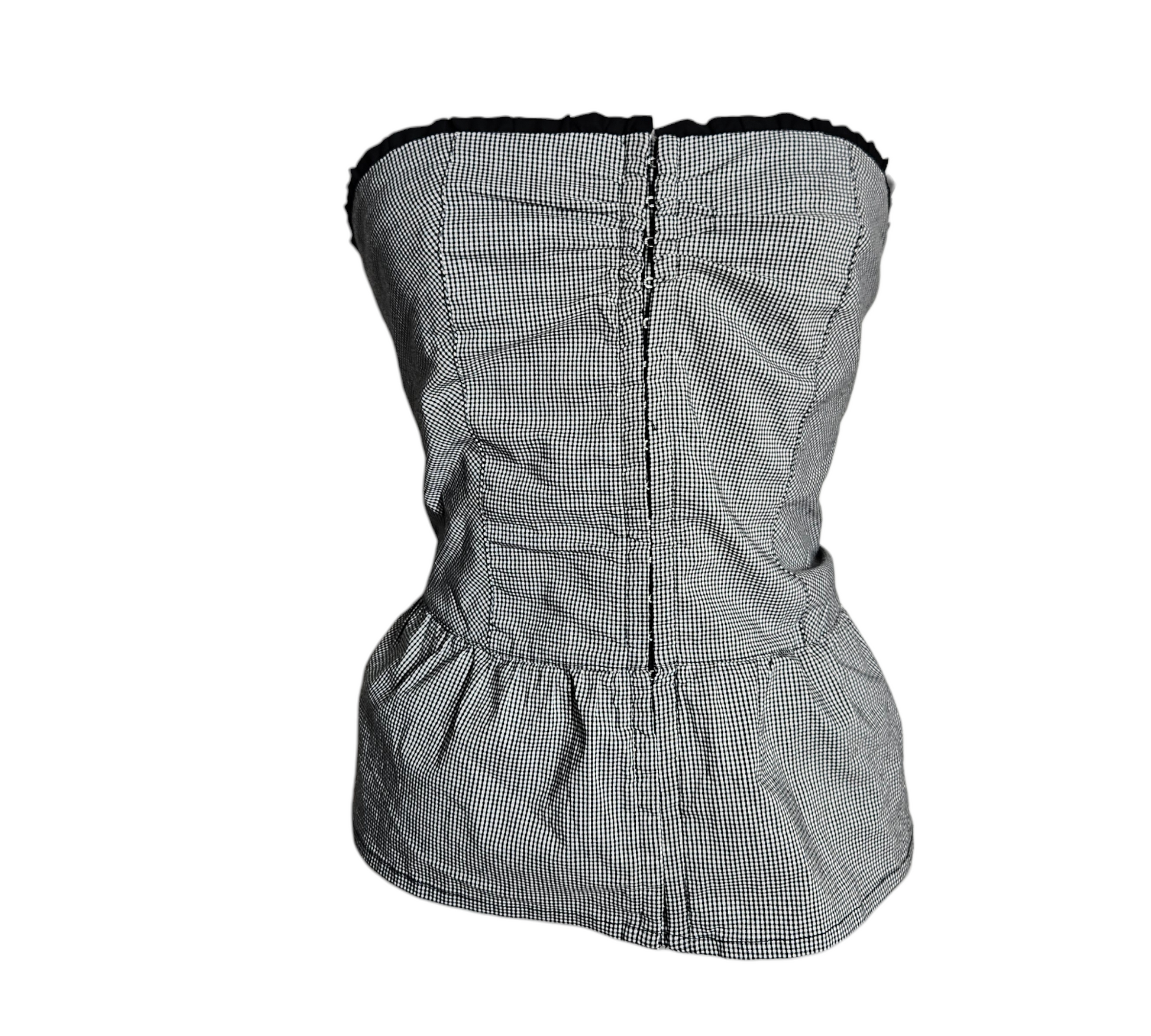 Black and white gingham strapless bandeau bustier top with front hook closure and subtle peplum ruffle hem, vintage y2k coquette vibe, by Lucid Dream 2007.