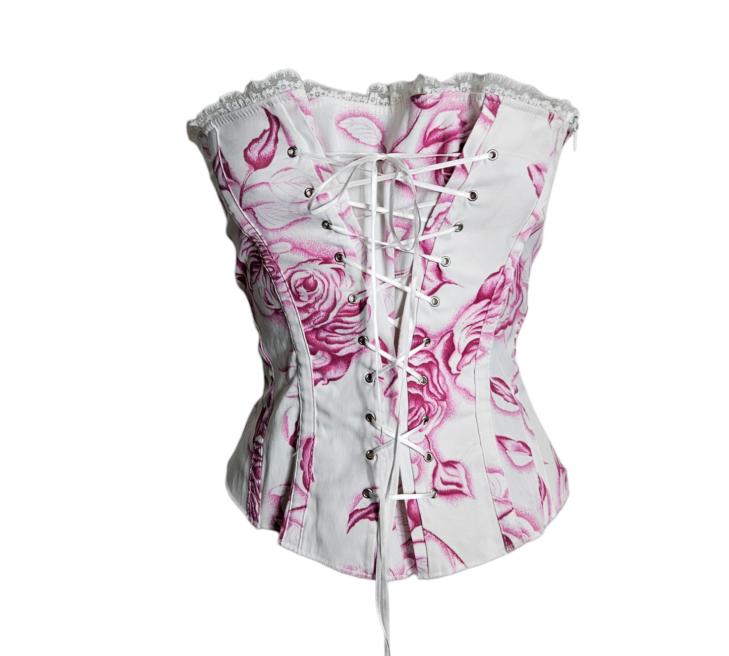 White and pink floral lace-trim corset bustier with front lace-up detailing and metal eyelets, vintage y2k romantic fairycore vibe, by Lucid Dream 2007.