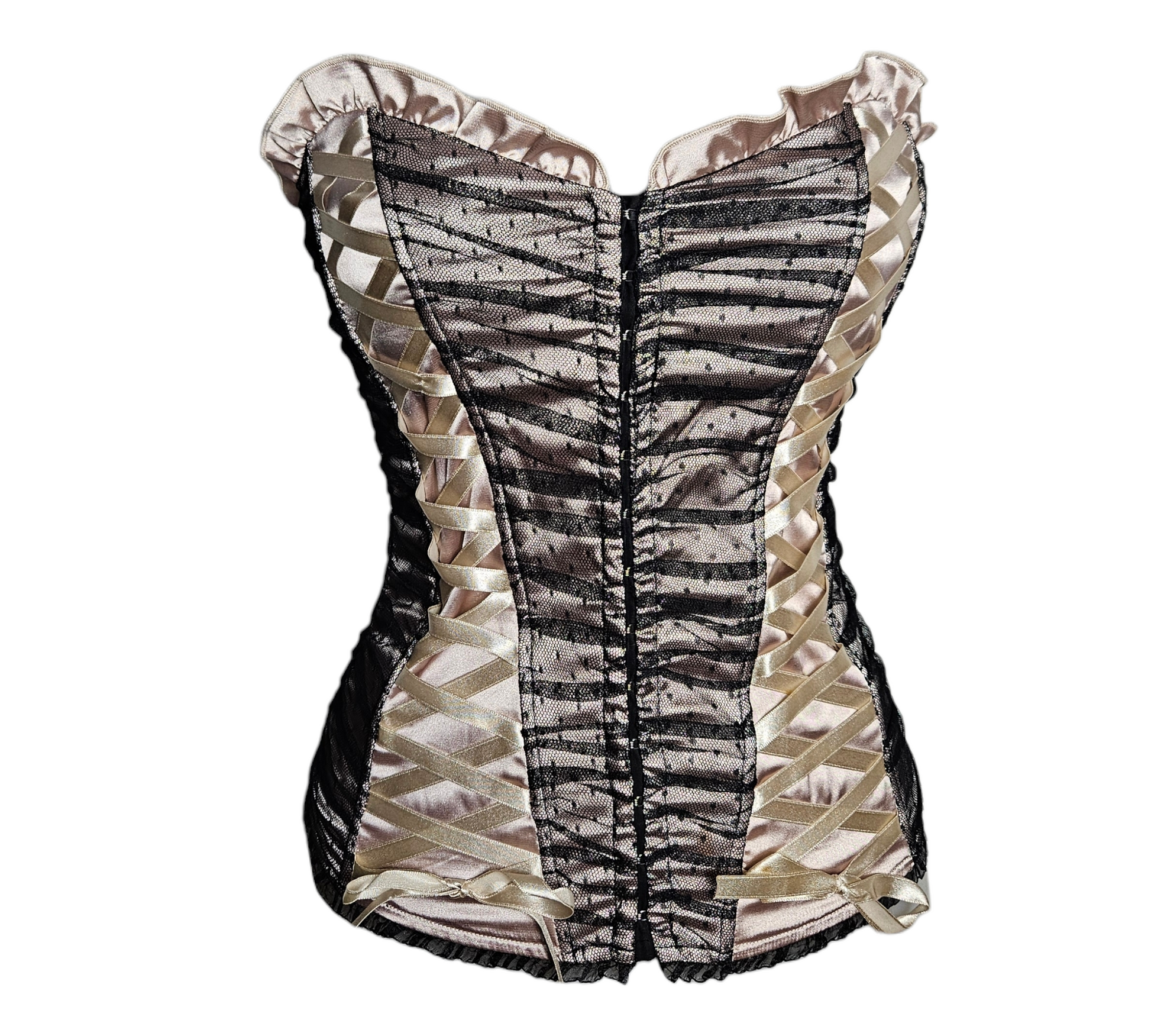 Vintage satin and black mesh corset top with lace-up details and boning, romantic Y2K fairycore and dark whimsigoth lingerie aesthetic.