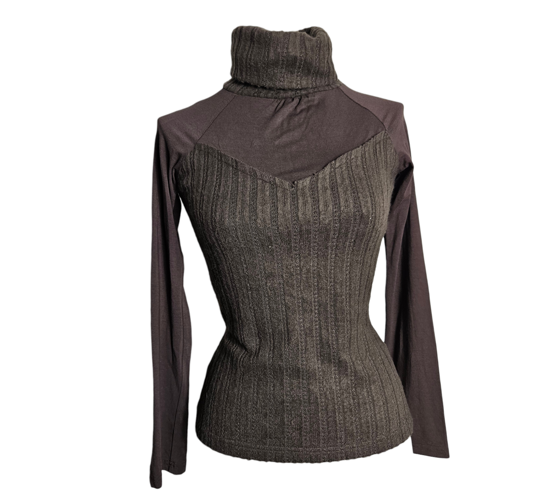 Brown long sleeve turtleneck top with ribbed corset-style panel and sweetheart V neckline, vintage Y2K layered fairycore whimsigoth vibe.