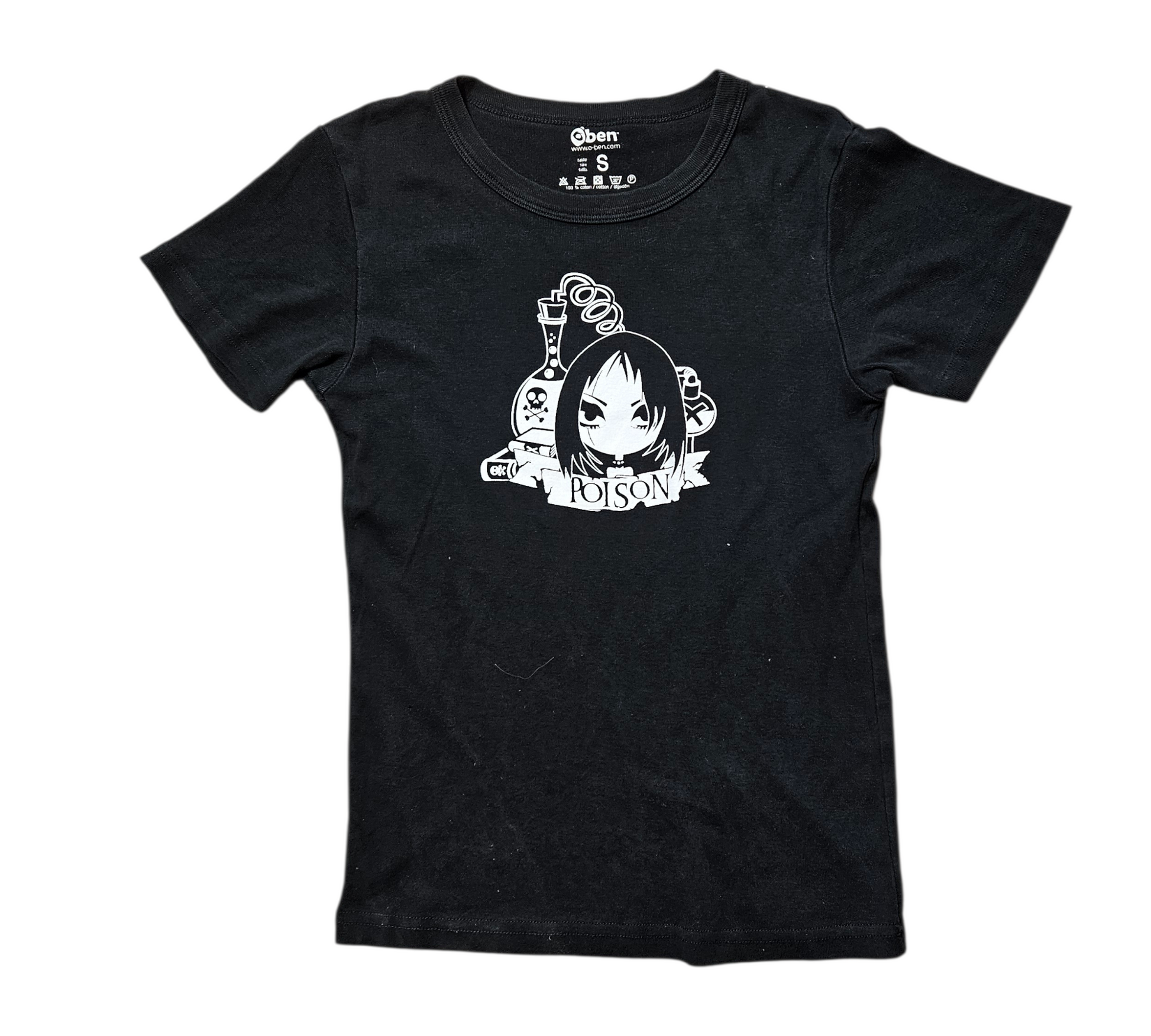 Black vintage graphic “Poison” t-shirt with white cartoon print on the front, short sleeves and crew neckline, fitted cut, by Lucid Dream 2007.