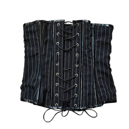 Vintage black pinstripe corset bustier with boning detail and lace-up back, sleek goth Y2K silhouette, by Lucid Dream 2007.