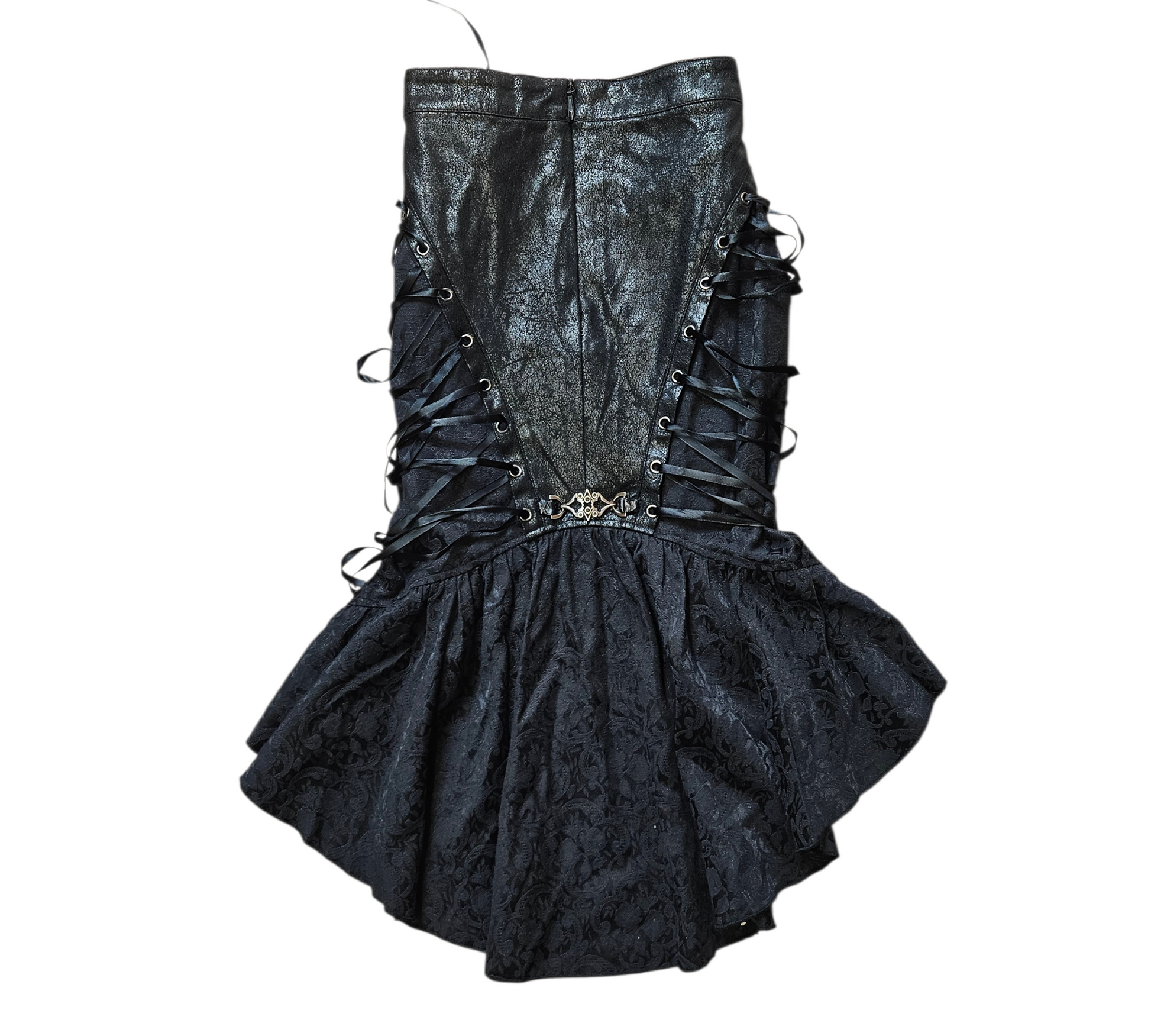 Black vintage faux leather mini skirt with side lace-up details, eyelets and ruffled hem, y2k goth vibe, by Lucid Dream 2007