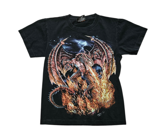 Black graphic t-shirt with fiery dragon print, fantasy Y2K vibe by Lucid Dream 2007