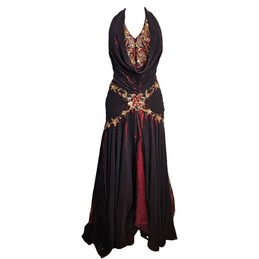 Vintage burgundy and black halter neck evening gown with draped neckline, beaded gold embellishments and sheer flowing skirt, unique statement piece by Lucid Dream 2007