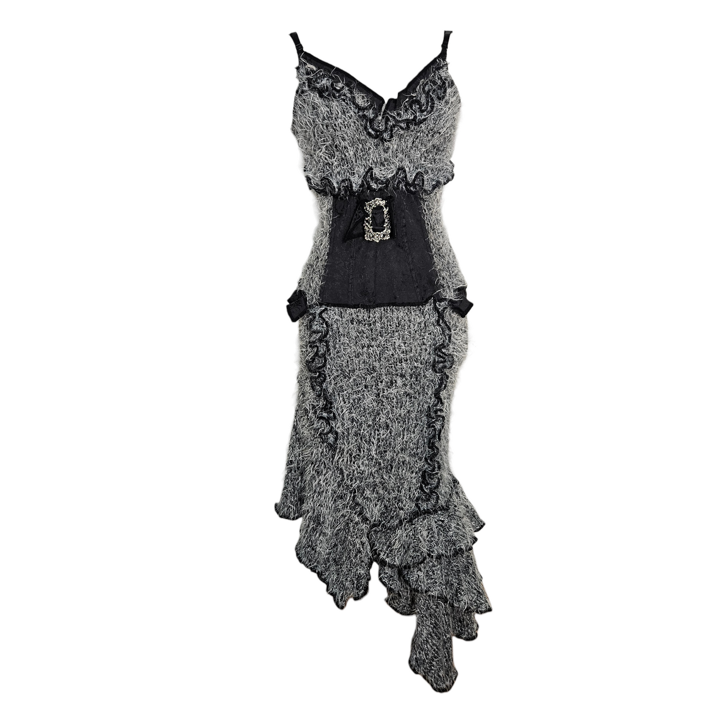 Vintage grey fuzzy knit midi dress with black lace ruffle trim, V neckline, rhinestone buckle waist detail and asymmetrical hem, one of a kind by Lucid Dream 2007