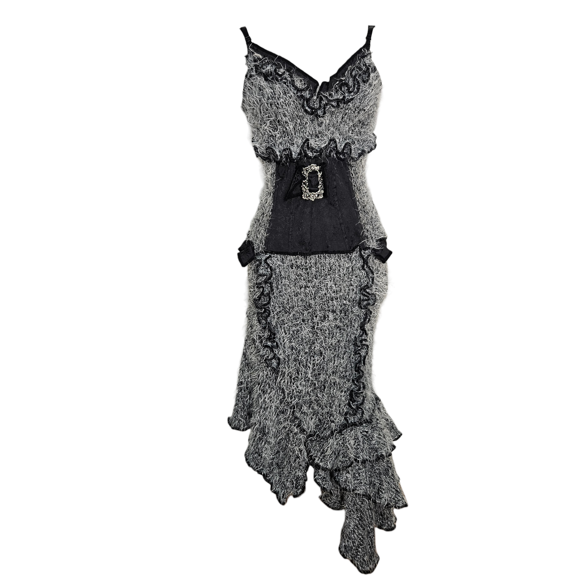 Vintage grey fuzzy knit midi dress with black lace ruffle trim, V neckline, rhinestone buckle waist detail and asymmetrical hem, one of a kind by Lucid Dream 2007