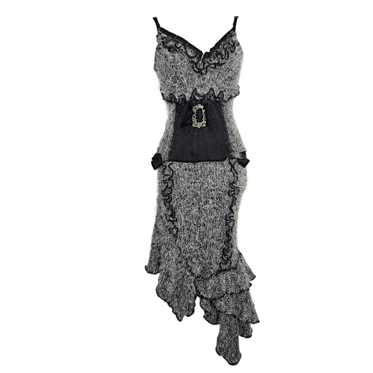 Vintage grey fuzzy knit midi dress with black lace ruffle trim, V neckline, rhinestone buckle waist detail and asymmetrical hem, one of a kind by Lucid Dream 2007