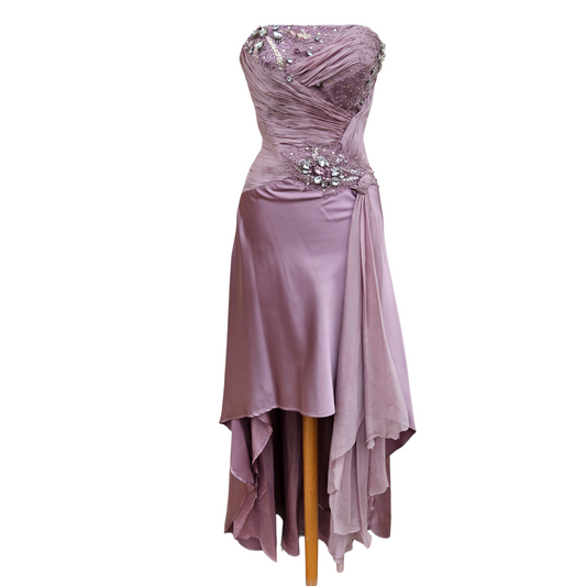 Vintage lilac beaded strapless evening dress with asymmetrical flowing skirt, fairycore Y2K prom gown with delicate draping by Lucid Dream 2007