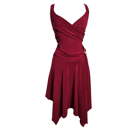Burgundy asymmetric wrap dress with draped bodice, elegant y2k fairycore evening silhouette and romantic reverie vibe by Lucid Dream 2007