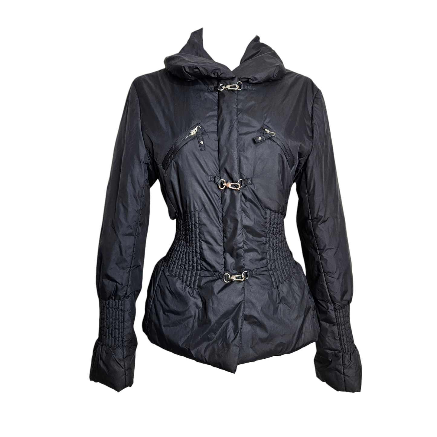 Black vintage puffer jacket with corset-style waist, metal hook details and hood, dark y2k and whimsigoth aesthetic, fitted silhouette by Lucid Dream 2007