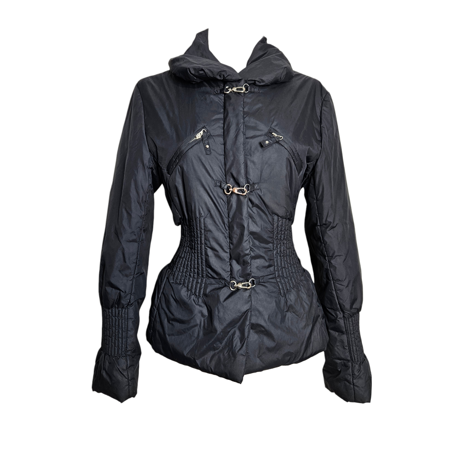 Black vintage puffer jacket with corset-style waist, metal hook details and hood, dark y2k and whimsigoth aesthetic, fitted silhouette by Lucid Dream 2007