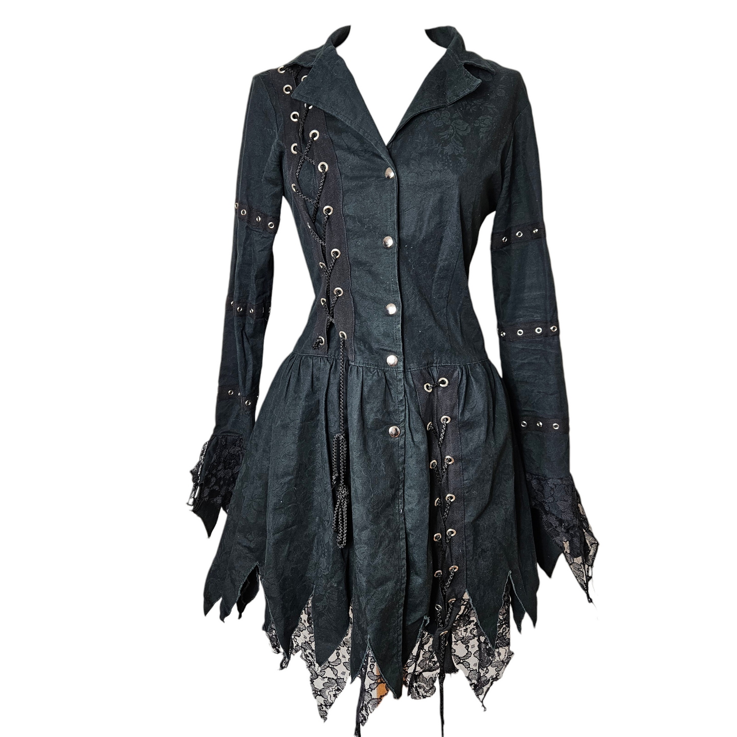 Dark green lace-up mini dress with corset details and gothic lace hem, whimsigoth y2k fairycore silhouette with a dramatic vintage vibe by Lucid Dream 2007