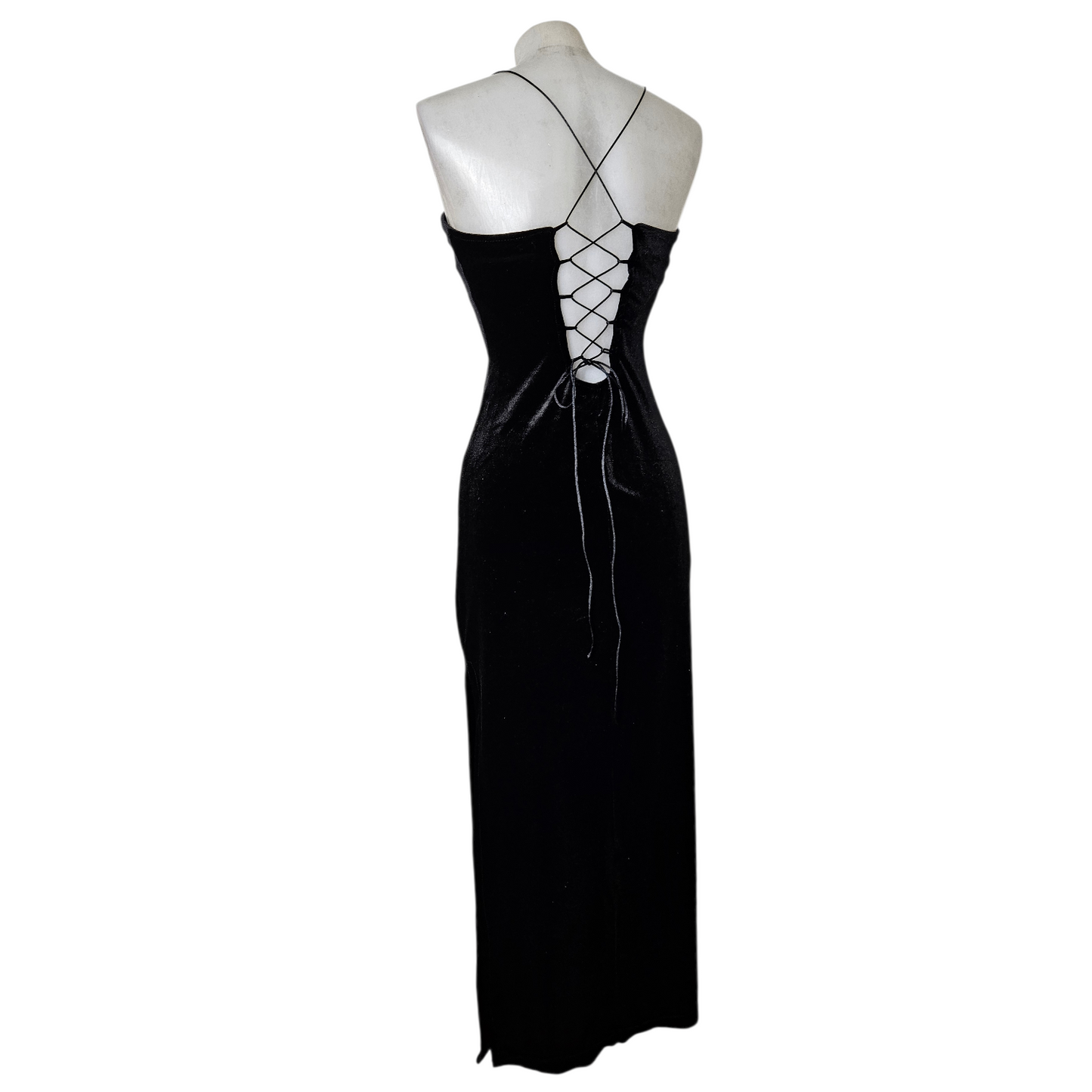 Vintage black lace-up back maxi dress with thin straps, sleek gothic and fairycore evening silhouette, dramatic open back, by Lucid Dream 2007.